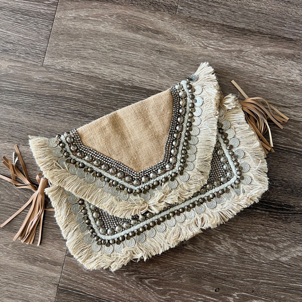 SHASHI Tan and Cream Fringe Crossbody Bag